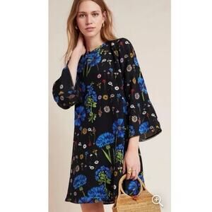 Anthropologie Maeve Black Floral Mini Bell Sleeve Lucinda Tunic Dress Medium
